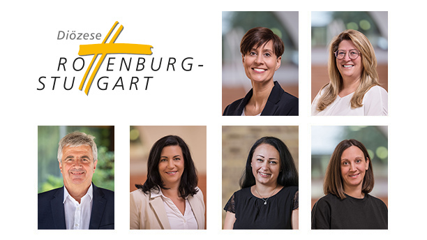 Leitung, Marketing und Öffentlichkeitsarbeit der Stabsstelle, Vorstände, Ansprechpartner für Spenderinnen und Spender, Sekretariat, etc. Logo Diözese Rottenburg Stuttgart mit diversen Bildern von Mitarbeitern